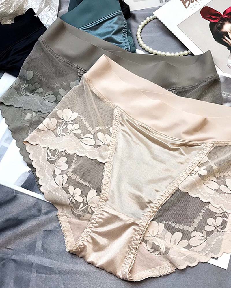 High-End Satin Light Luxury Lace High-Waisted Belly Panties