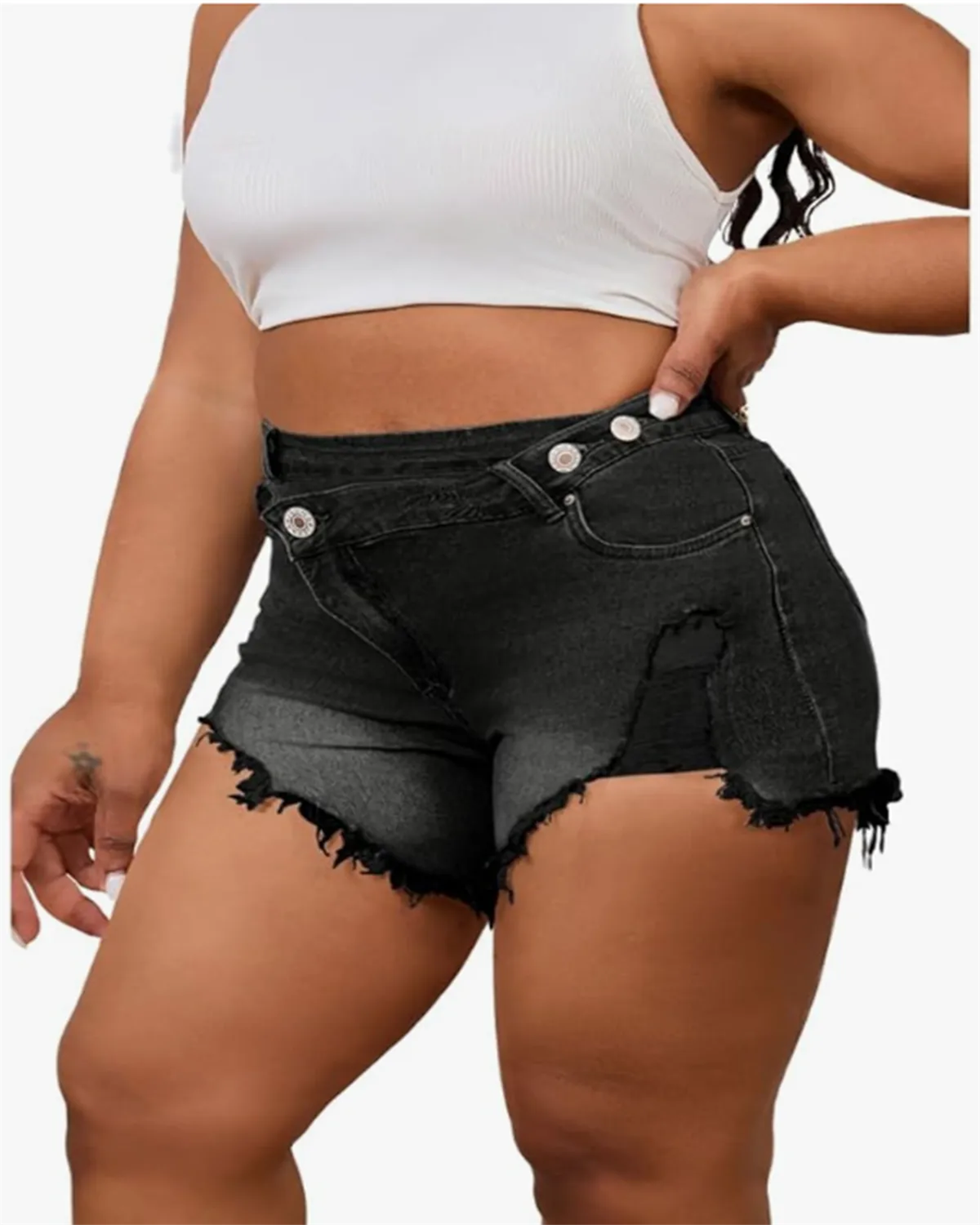 Diagonal Button Design Raw Edge Ripped Cool Style Denim Shorts Hot Pants