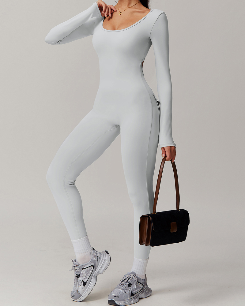 Back Pocket Open Back Yoga Bodysuit