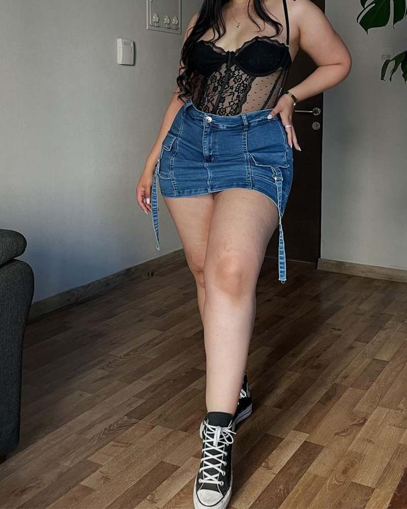 Lined Denim Cargo Shorts Skirt