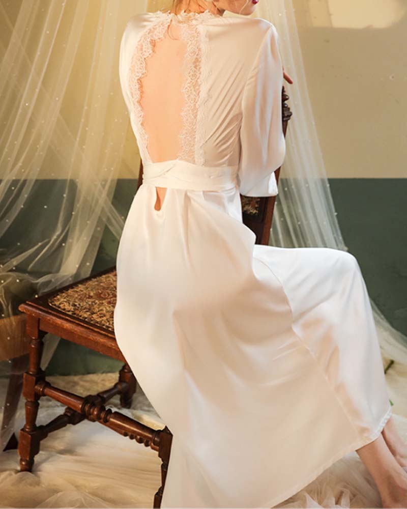 Sexy Nightgown Long Bathrobe Pajamas Women Long Sleeve Backless Women Satin Home Clothes