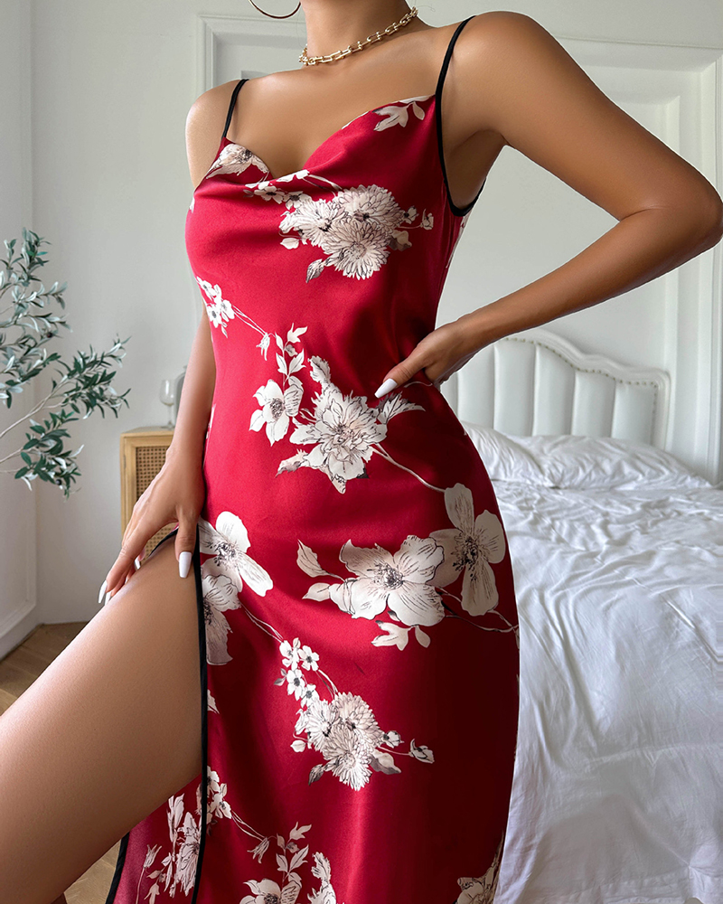 Floral Print Ice Silk Sling Nightdress