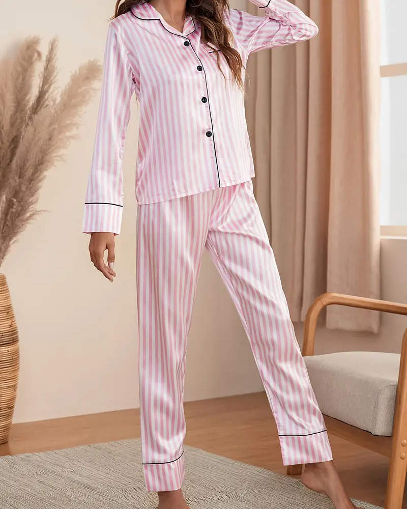 Imitation Silk Striped Long-Sleeved Home Suit