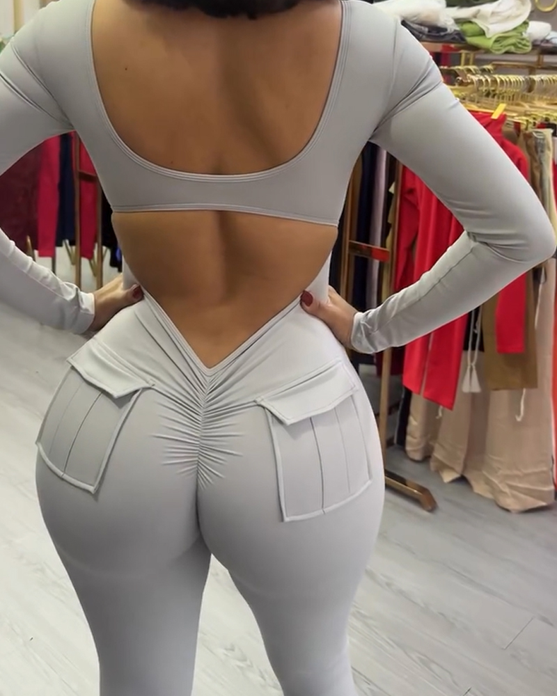 Back Pocket Open Back Yoga Bodysuit