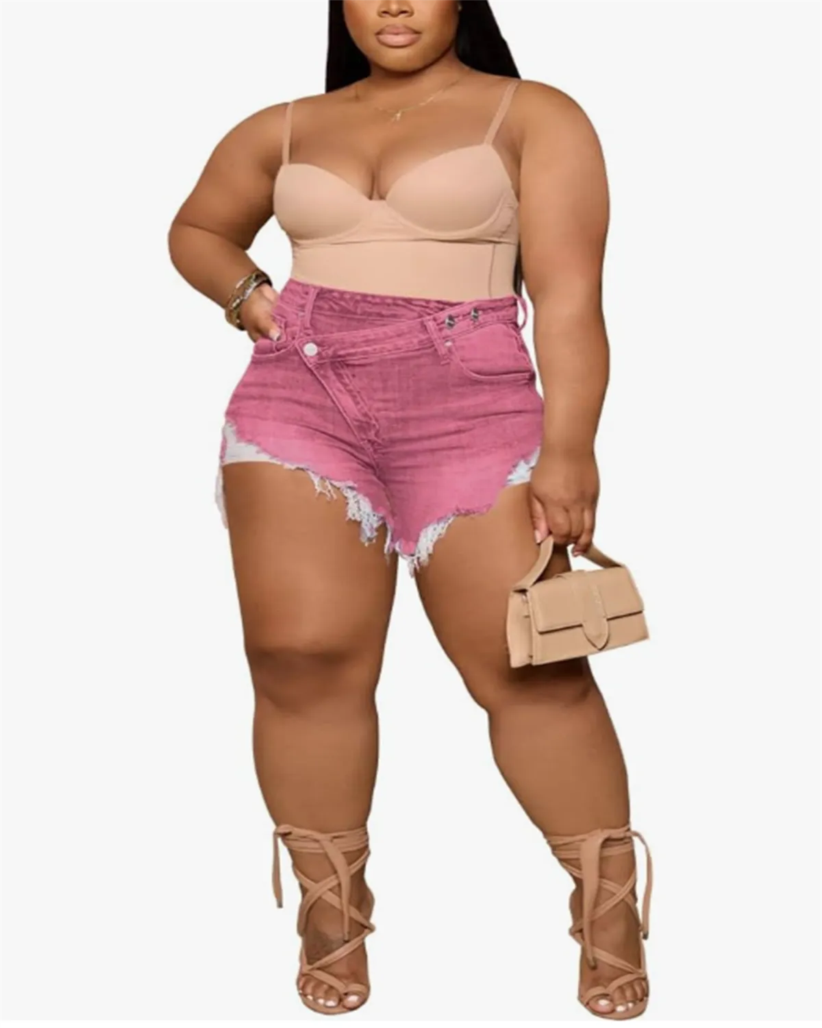 Diagonal Button Design Raw Edge Ripped Cool Style Denim Shorts Hot Pants