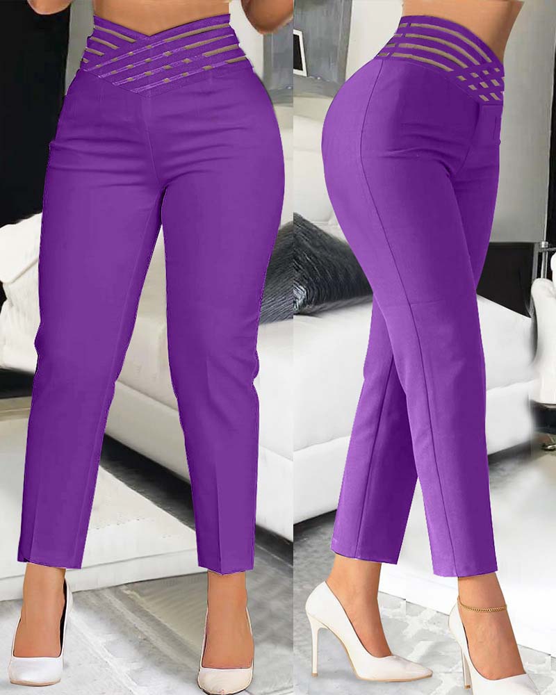 Casual Overlap Waist Hollow Out Work Pant High Waisted Pencil Stretch Pants for Women Trendy