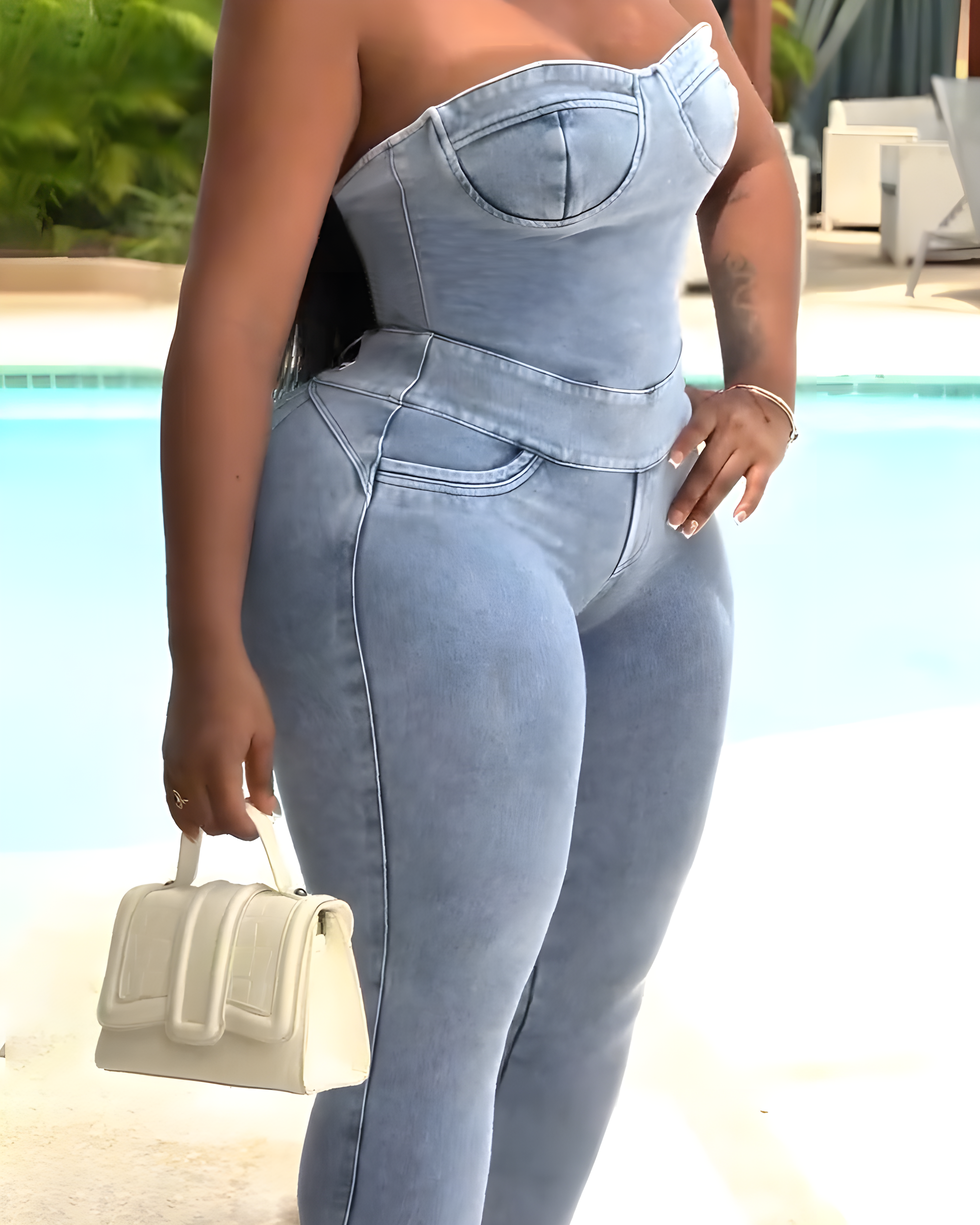 Bandeau Back Tie Slim Denim Jumpsuit